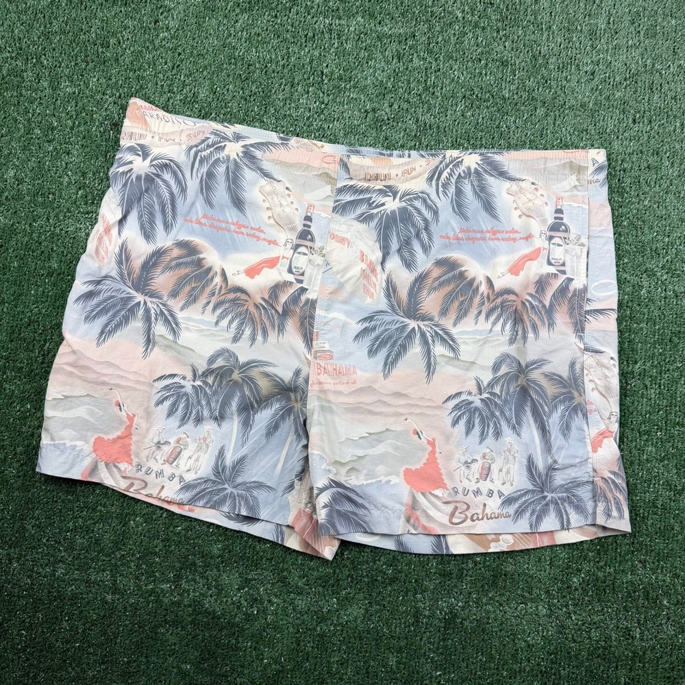 Tommy Bahama Mens Large Swim Trunks Vintage Tropical Postcard Print Blue